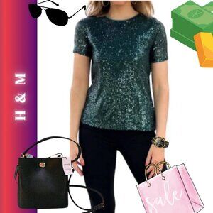H&M Sequins Top Dark Green Sleek Shape Mardi Gras or Saint Patrick's